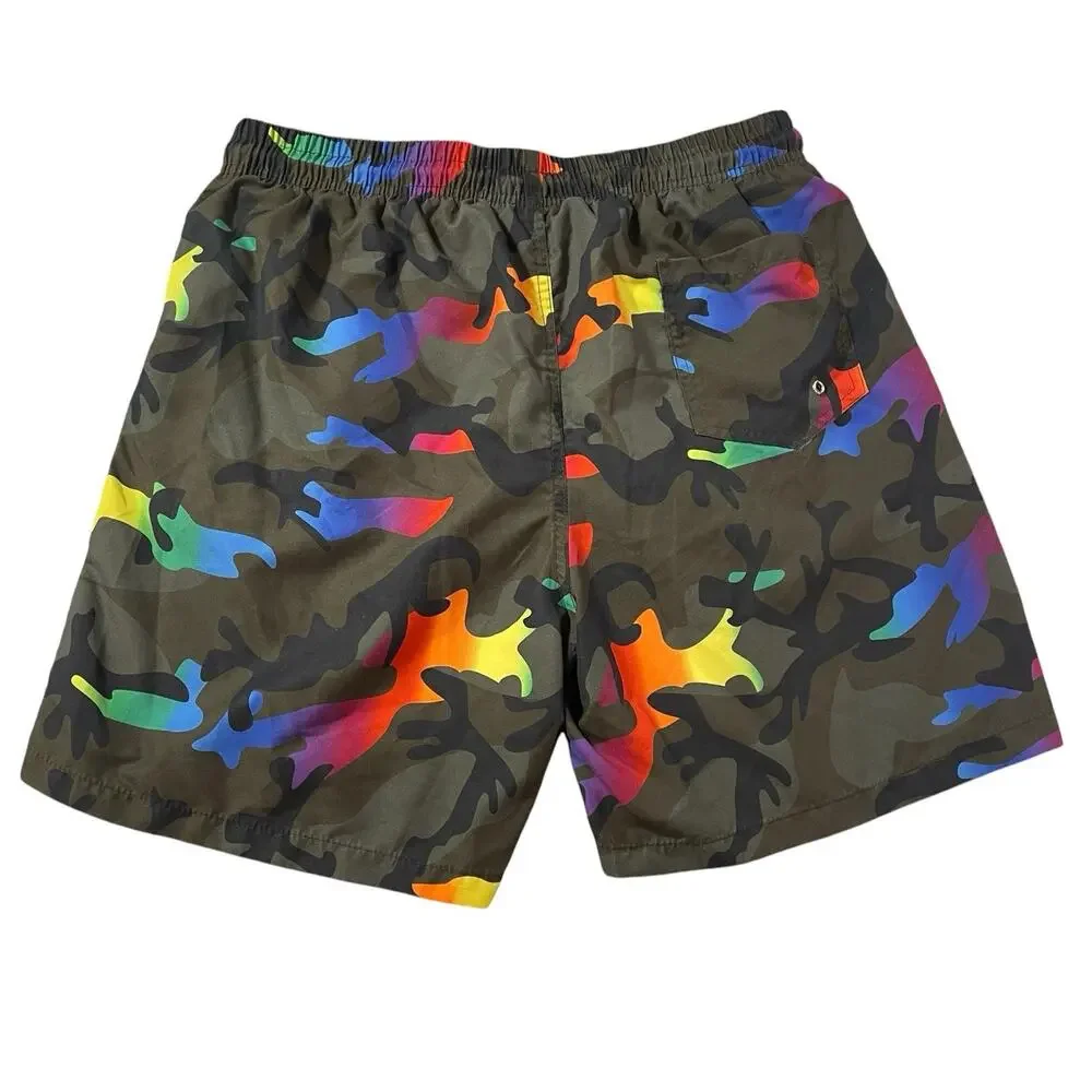 Men's‎ Rainbow Camo Swim Trunks Size Small Mesh Brief Lining Drawstring Elastic